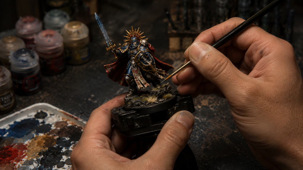 Mano pintando una miniatura de Warhammer Space Marine con pincel fino de marta sobre peana negra, con pinturas Citadel y paleta de colores al fondo