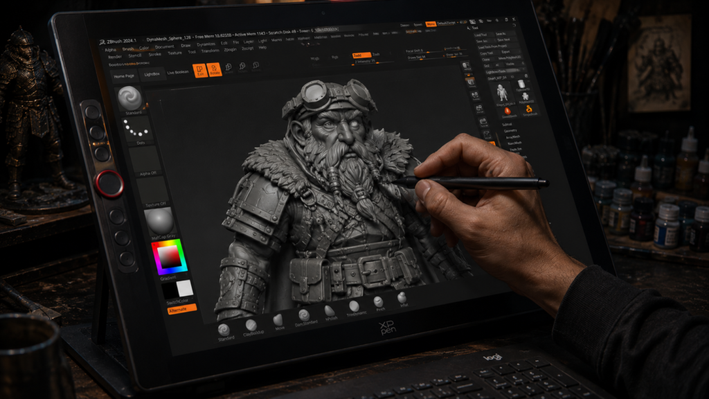 Mano usando lápiz stylus sobre tableta digitalizadora XP-Pen con ZBrush abierto en pantalla mostrando una figura de miniatura en proceso de escultura digital 3D