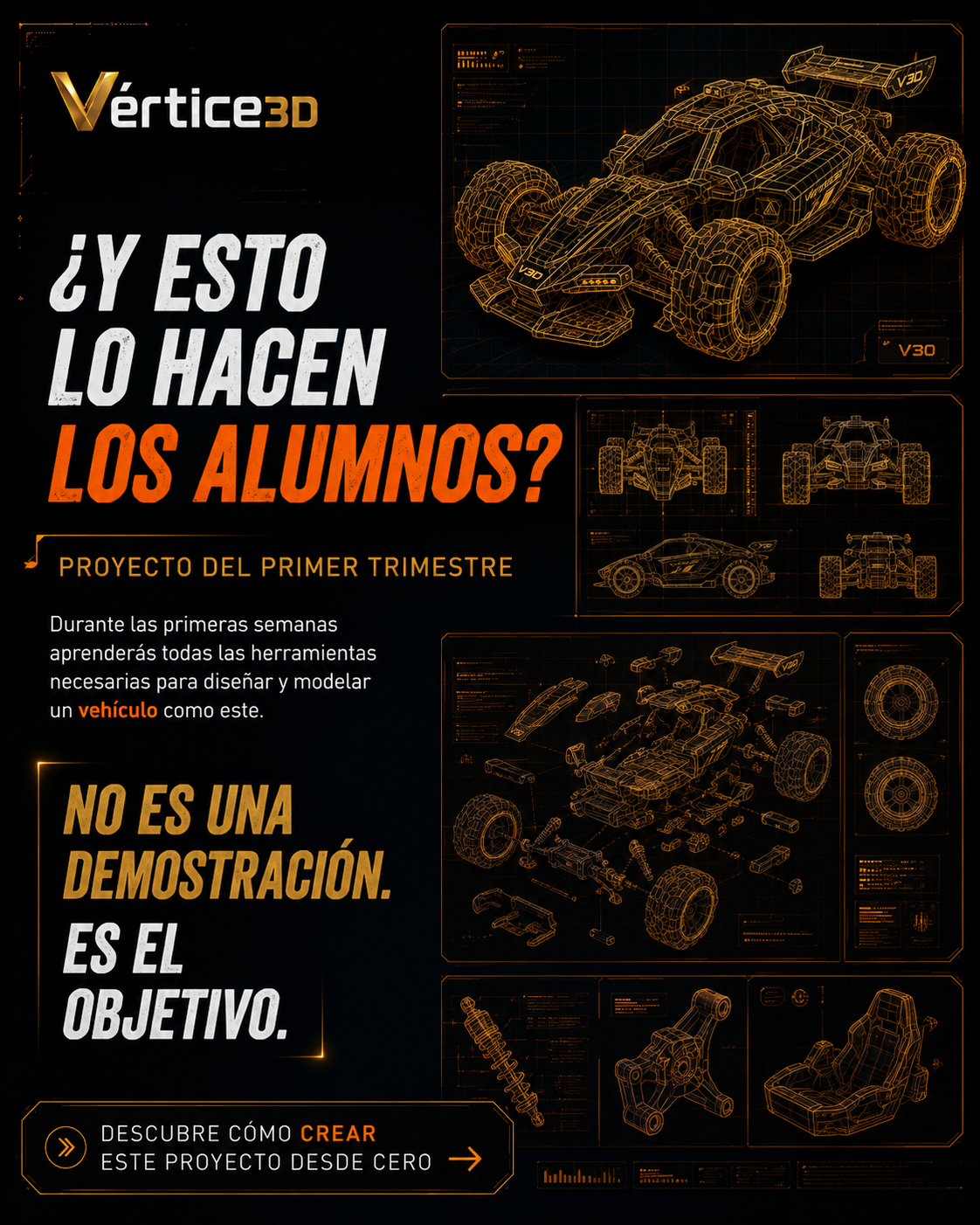 Detalle del vehículo del primer trimestre — proyecto real de Vértice 3D Jr, Badajoz