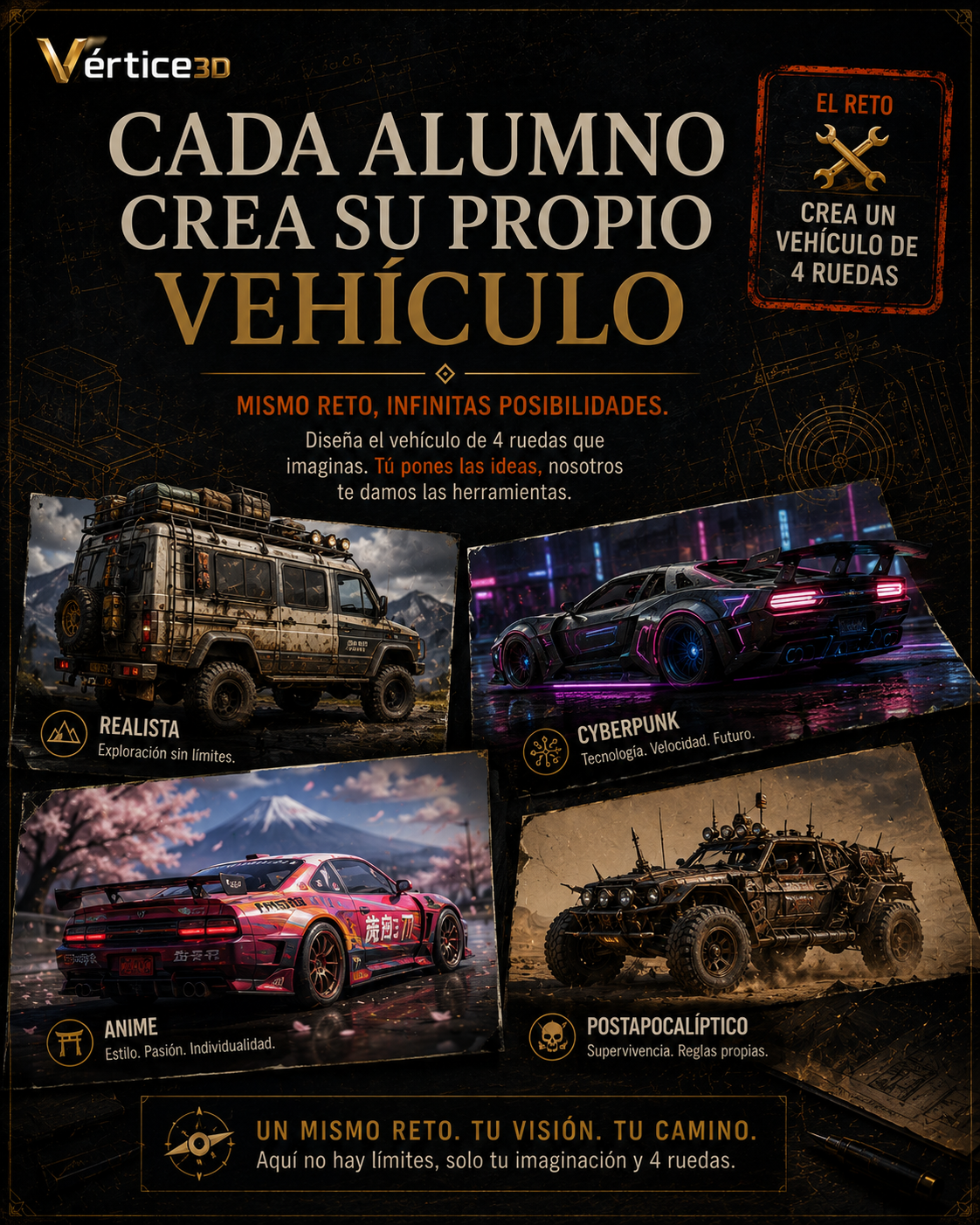 Vehículos en distintos estilos — realista, cyberpunk, anime y postapocalíptico — creados en el curso de modelado 3D Vértice 3D