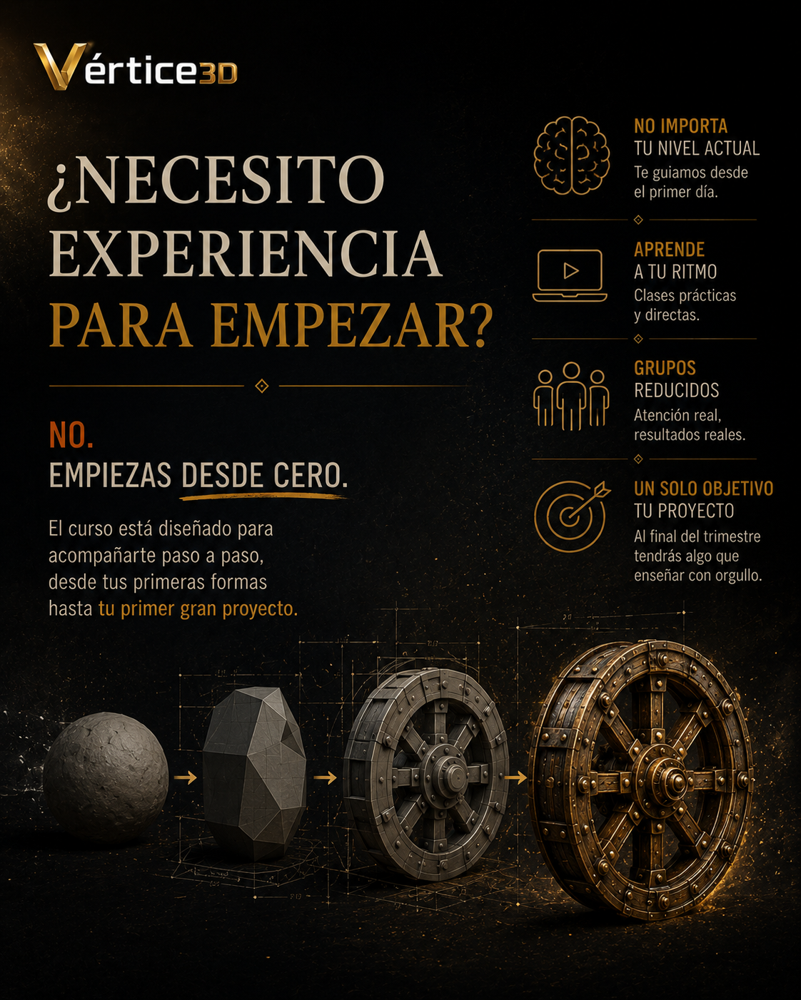 Proceso de modelado 3D desde cero, sin experiencia previa, curso de adultos Vértice 3D