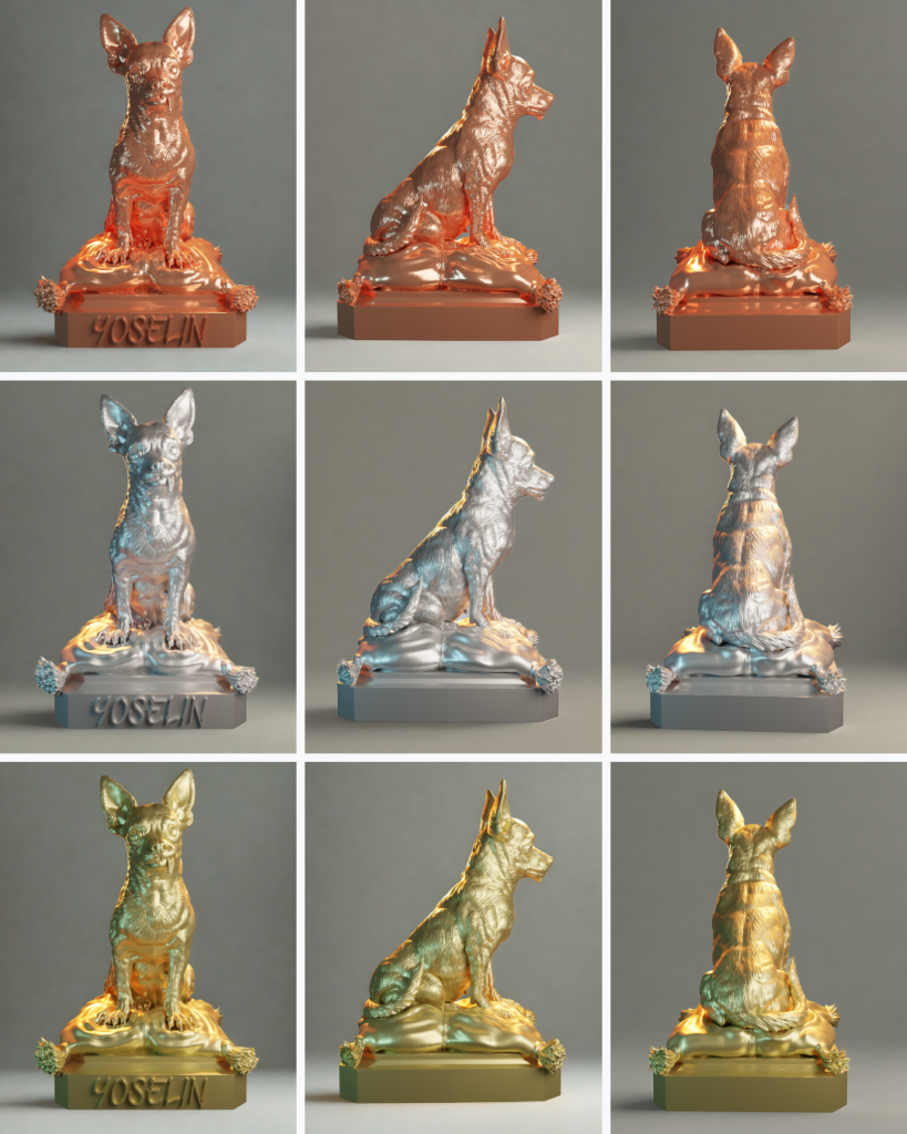 Escultura personalizada de mascota con acabados en cobre, plata y oro — AlmaPet by Million Miniatures Studios