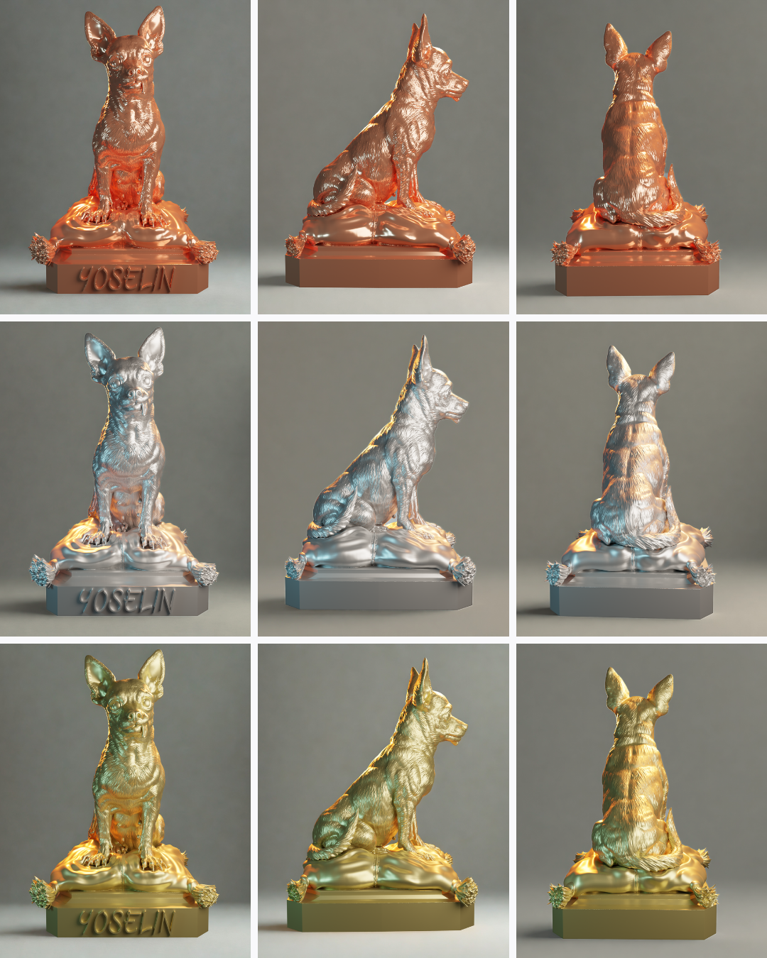 Escultura mascota personalizada Yoselin — acabados disponibles cobre, plata y oro — AlmaPet