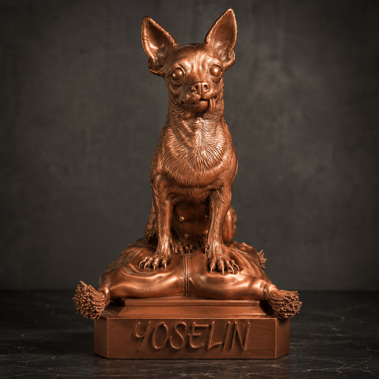 Escultura personalizada de Yoselin, chihuahua, acabado en bronce — AlmaPet by Million Miniatures Studios