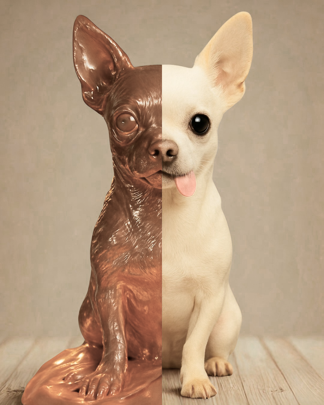 Escultura personalizada de perro junto a la chihuahua real Yoselin — mitad figura, mitad realidad — AlmaPet by Million Miniatures Studios