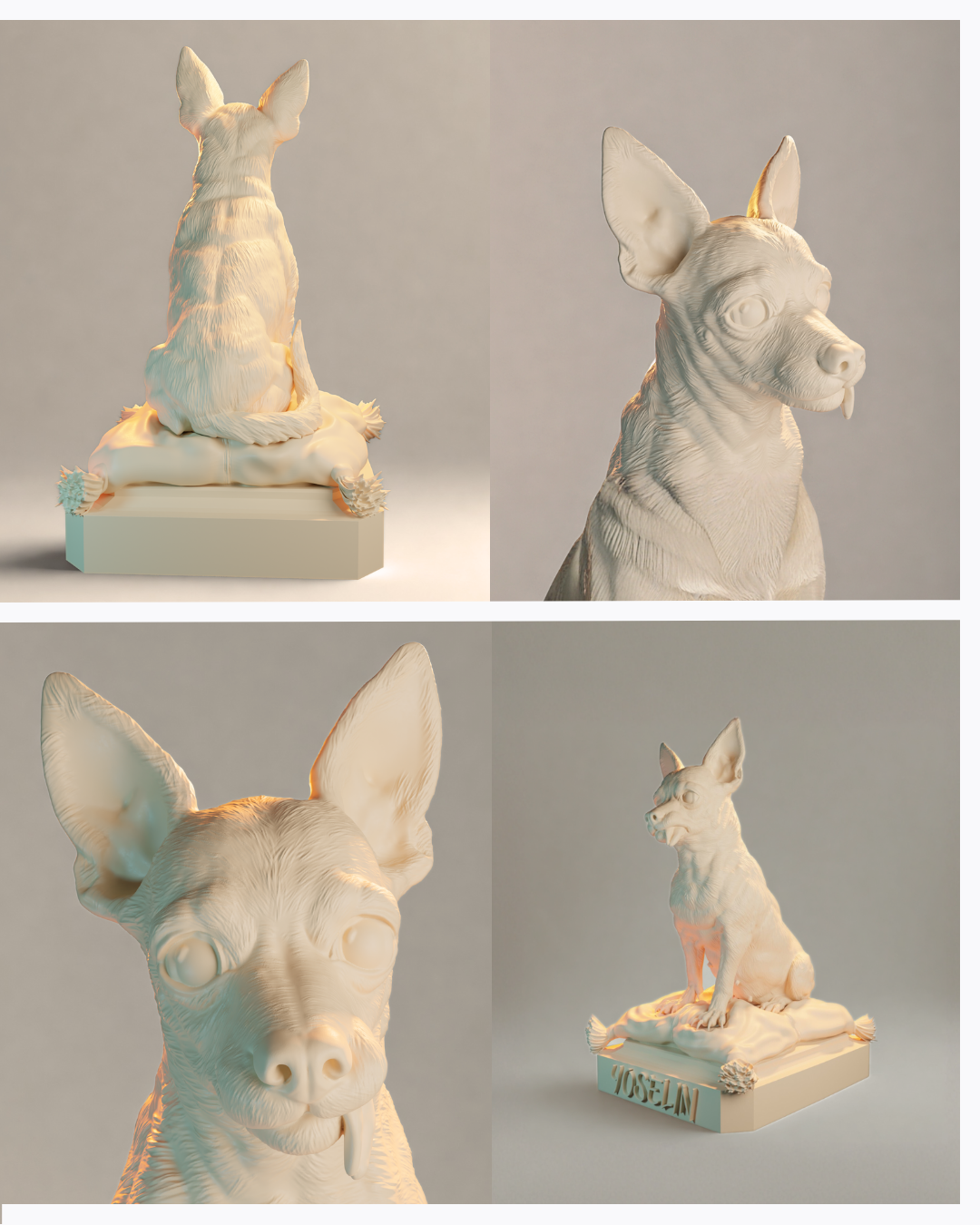 Render 3D de Yoselin, chihuahua, vista 2 — proceso AlmaPet Million Miniatures Studios