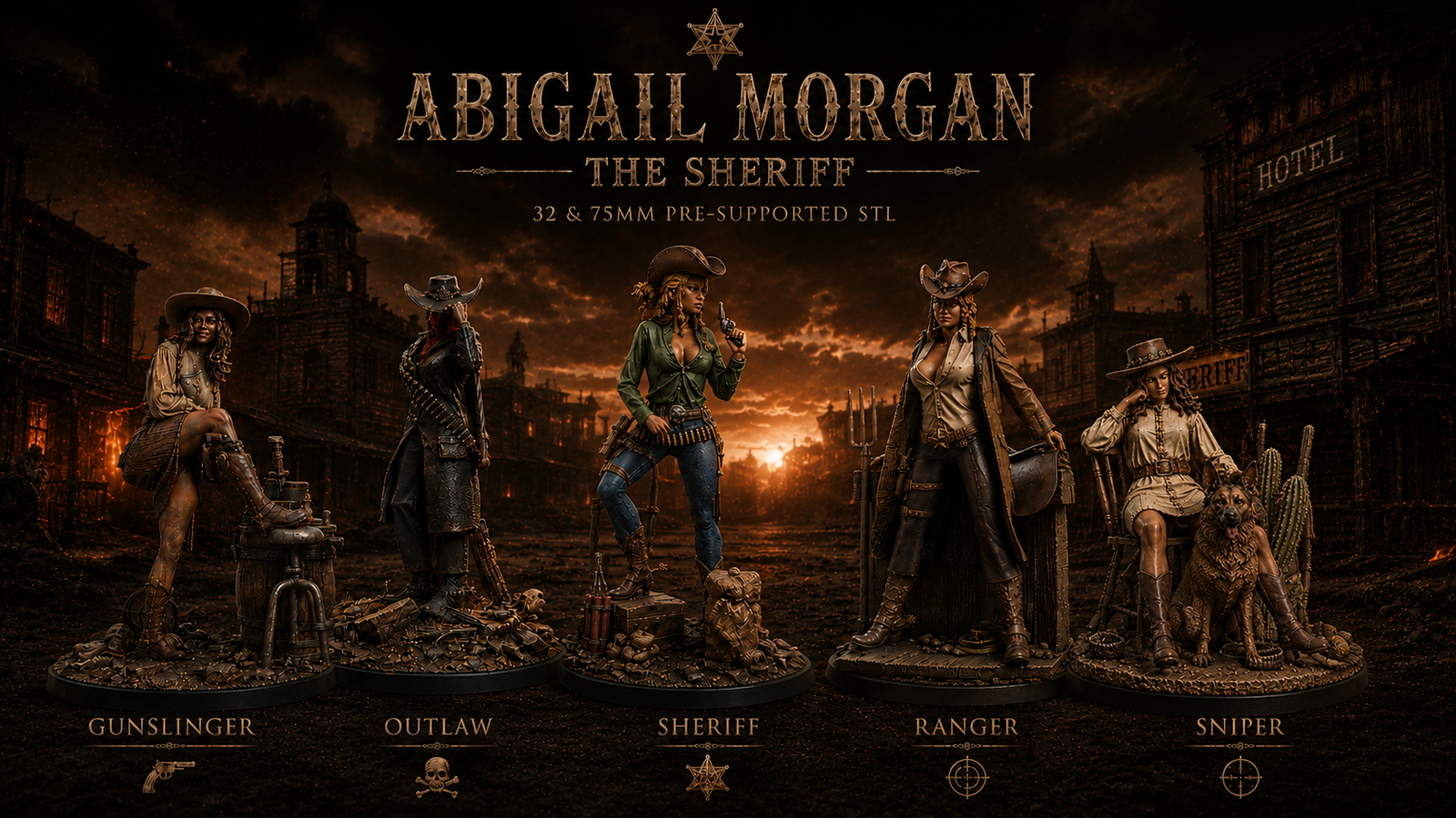 Wild West Girls — colección de miniaturas STL western femeninas, Sheriff Abigail y Aiyana Haseya, Million Miniatures Studios
