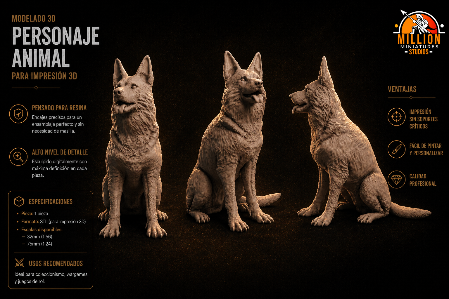 Escultura digital de animal, pastor alemán — Million Miniatures Studios