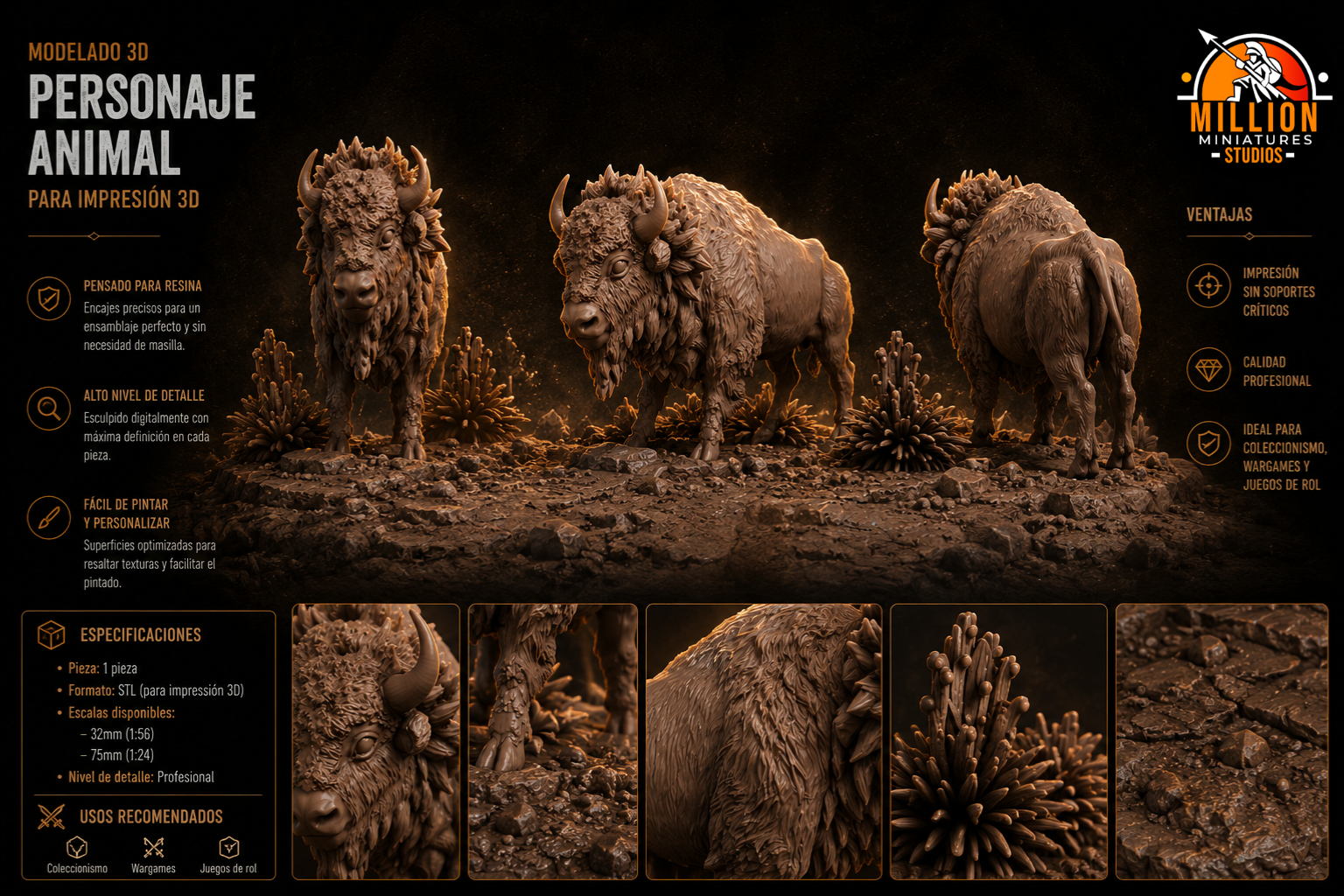 Servicio de modelado 3D de animal, bisonte — Million Miniatures Studios
