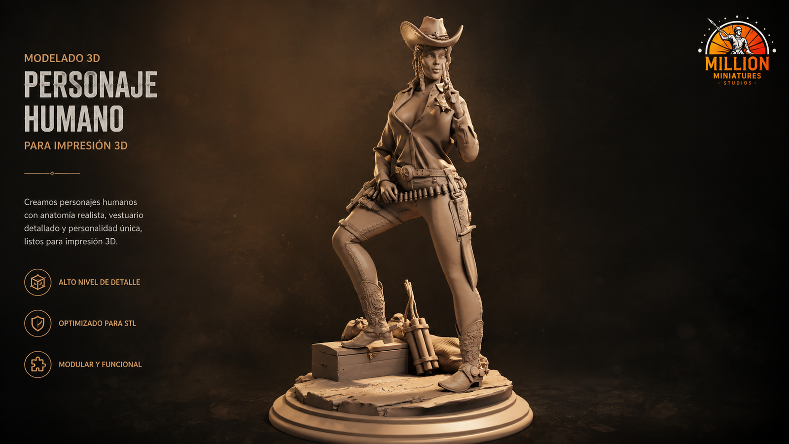 Servicio de modelado 3D — personaje western modelado desde cero — Million Miniatures Studios