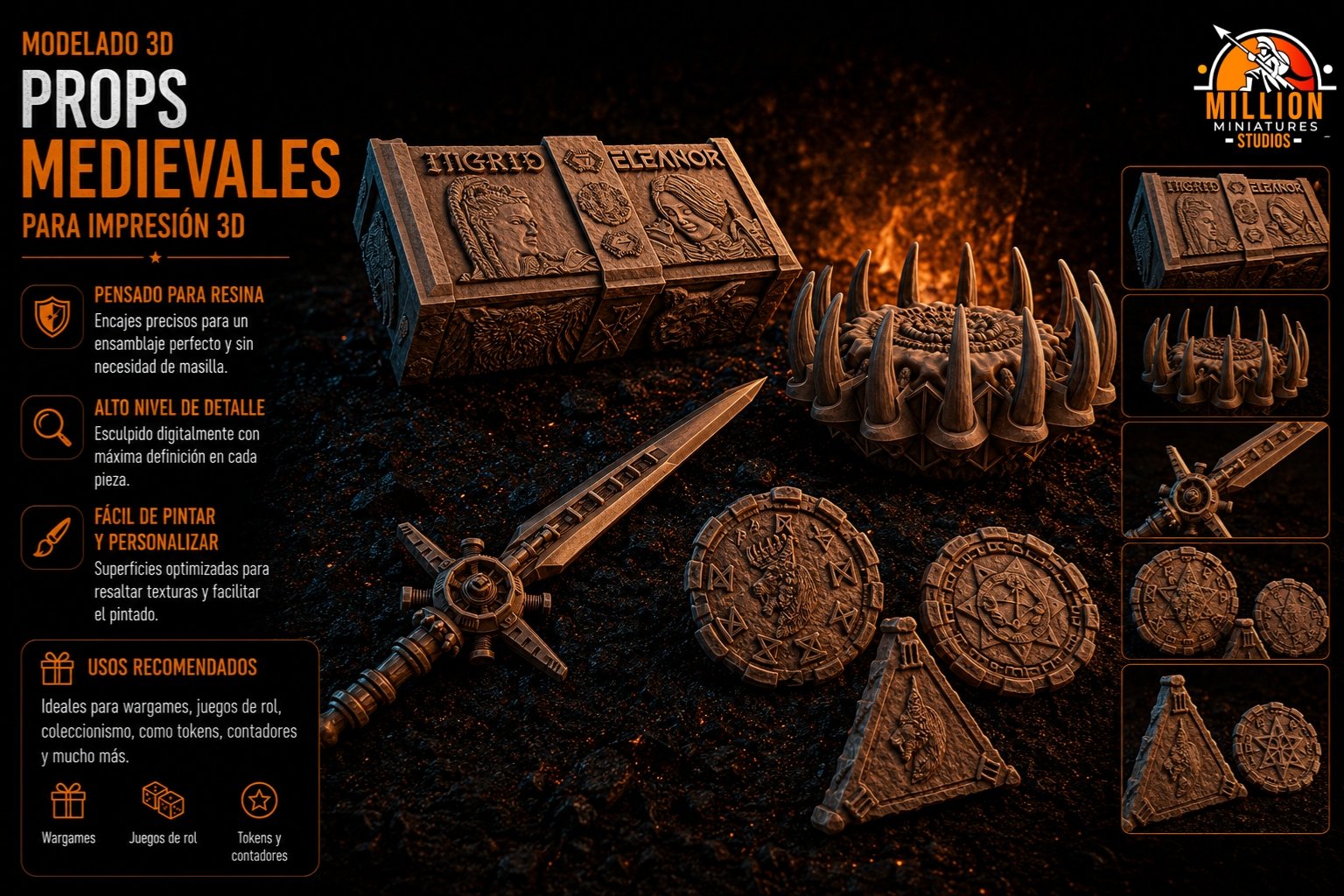 Piezas 3D por encargo, props de temática medieval — Million Miniatures Studios