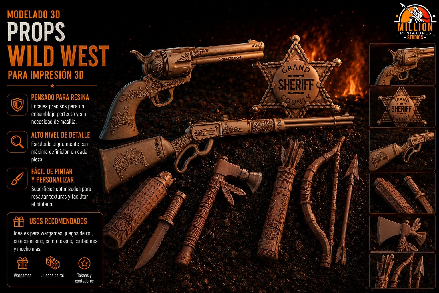Piezas 3D por encargo, props de temática wild west — Million Miniatures Studios
