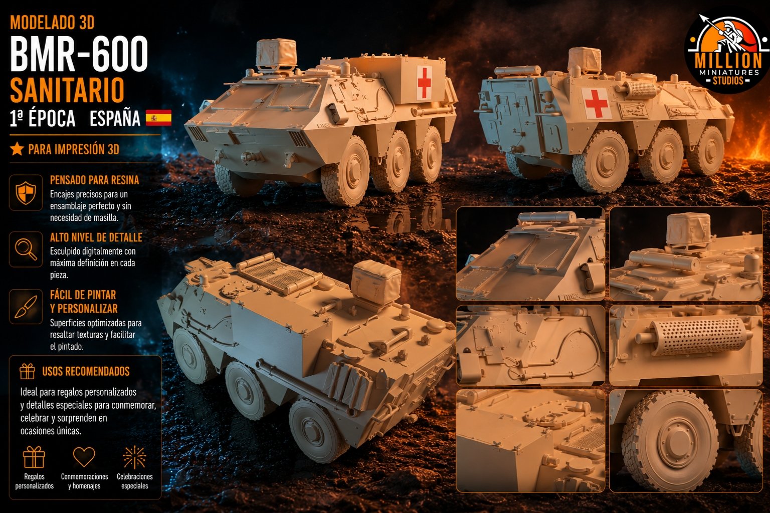 Modelado 3D de réplica del vehículo militar BMR sanitario ambulancia — Million Miniatures Studios