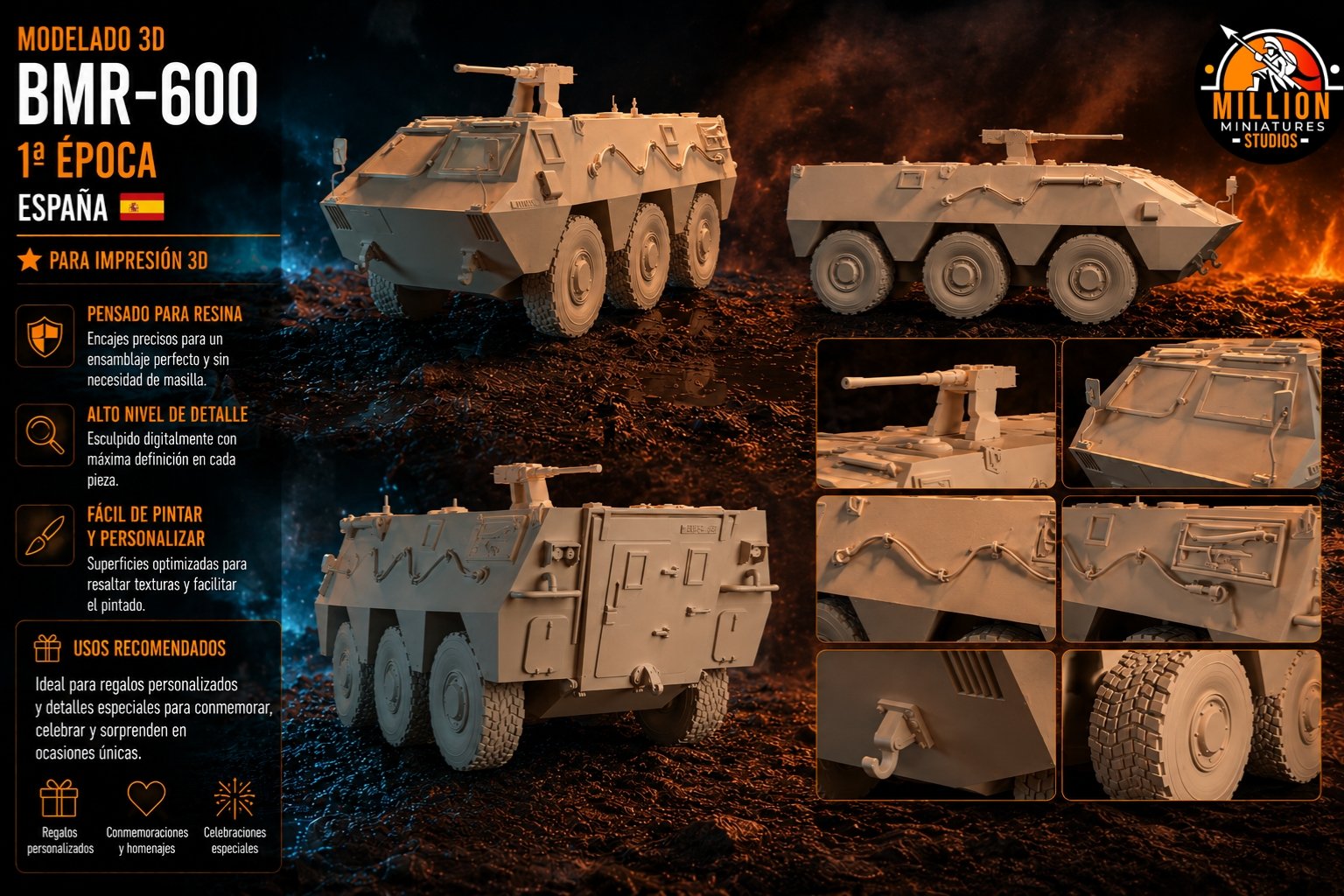 Render 3D del BMR 600 primera época — modelado digital · Million Miniatures Studios